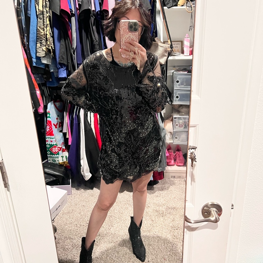 12th Tribe Black Sequin Mini Dress
